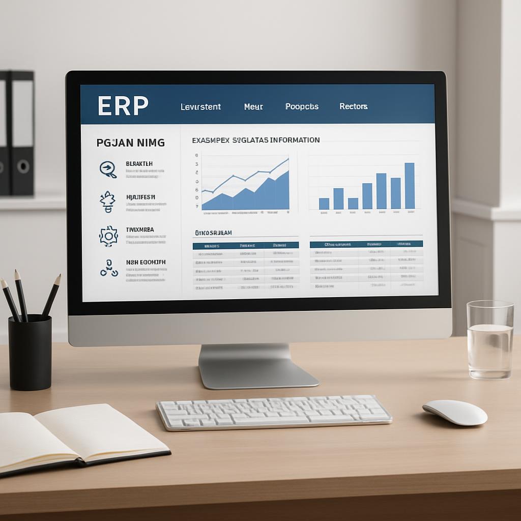 An office workstation with a computer screen displaying a presentation template for Enterprise Resource Planning (ERP) sof...