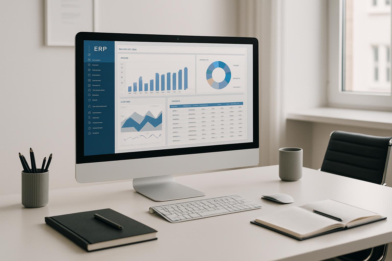 A computer monitor displaying an Enterprise Resource Planning (ERP) system, featuring various graphs and charts for data a...