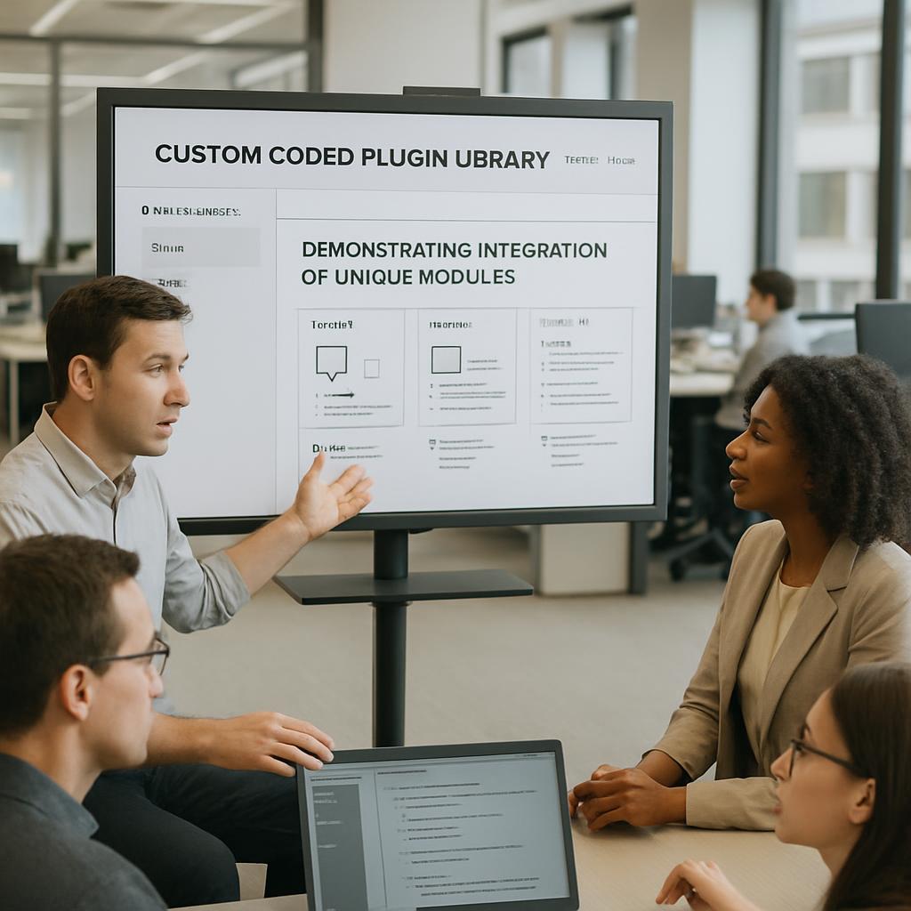 A group of professionals in an office setting gather around a presentation screen, engaged in a discussion about custom co...
