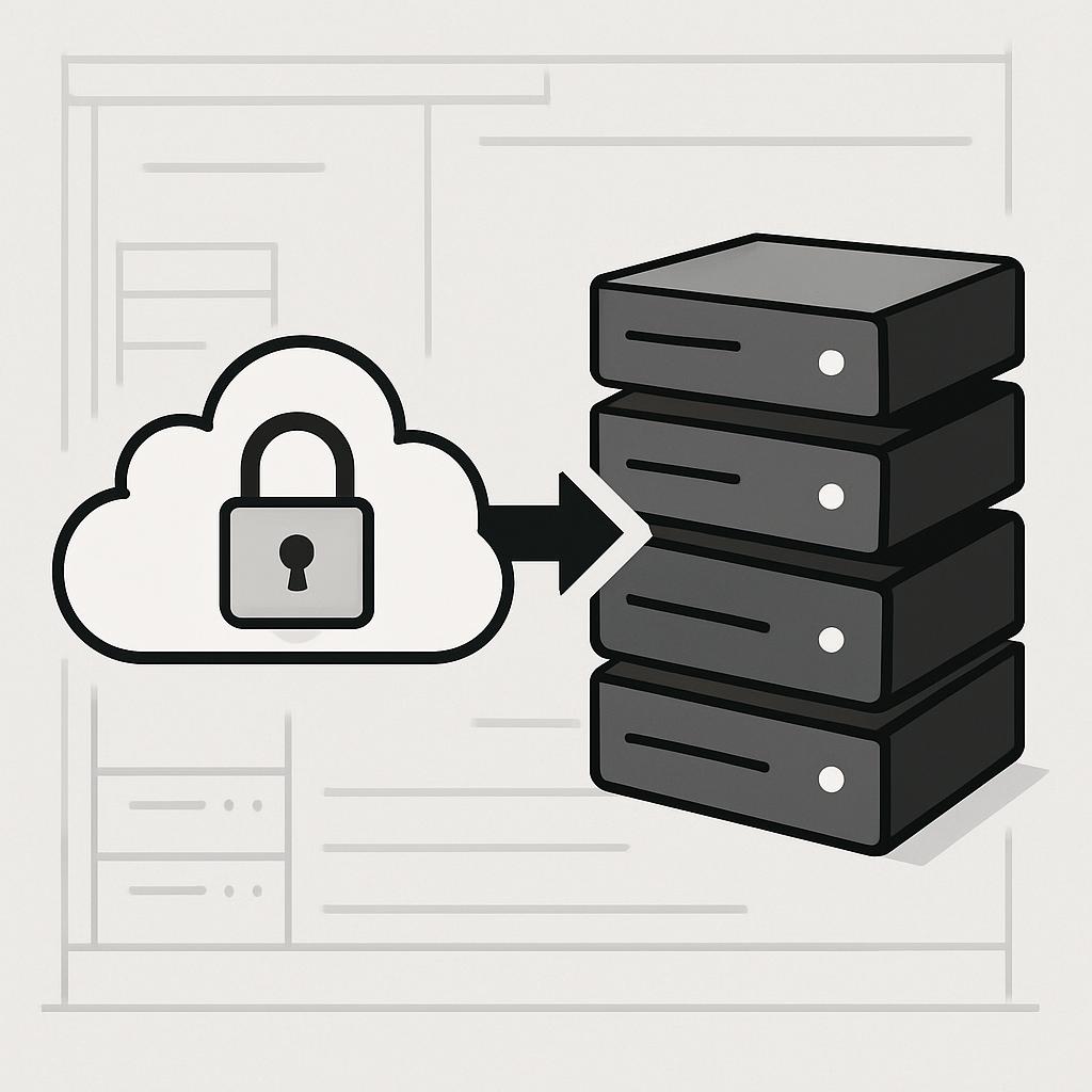 A server with a padlock in the cloud. Consists of three boxes with a padlock keyed to the cloud as a symbol of resource pr...
