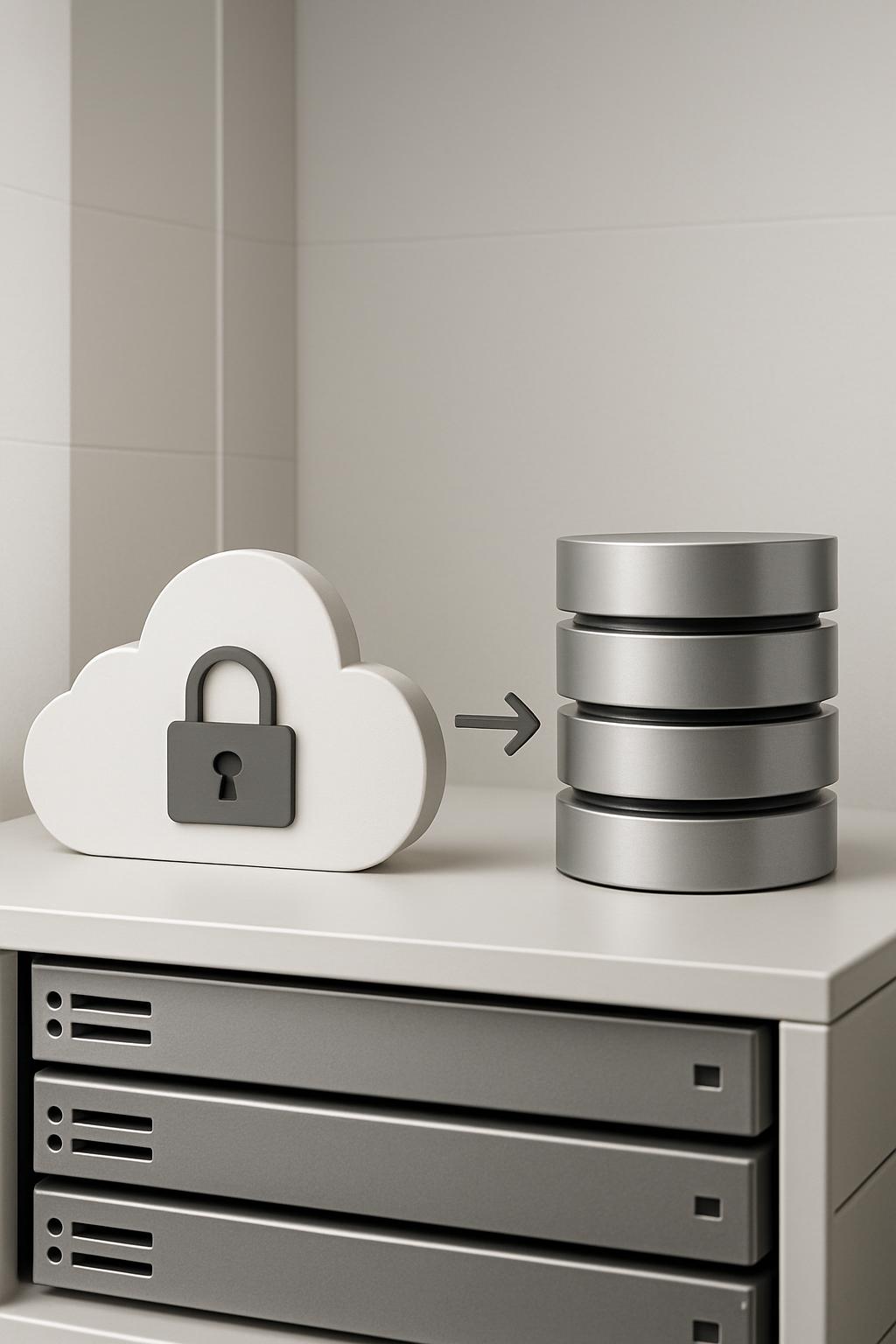 An icon illustrating locks in a cloud on the left side of a server icon on the right, conveying data security.