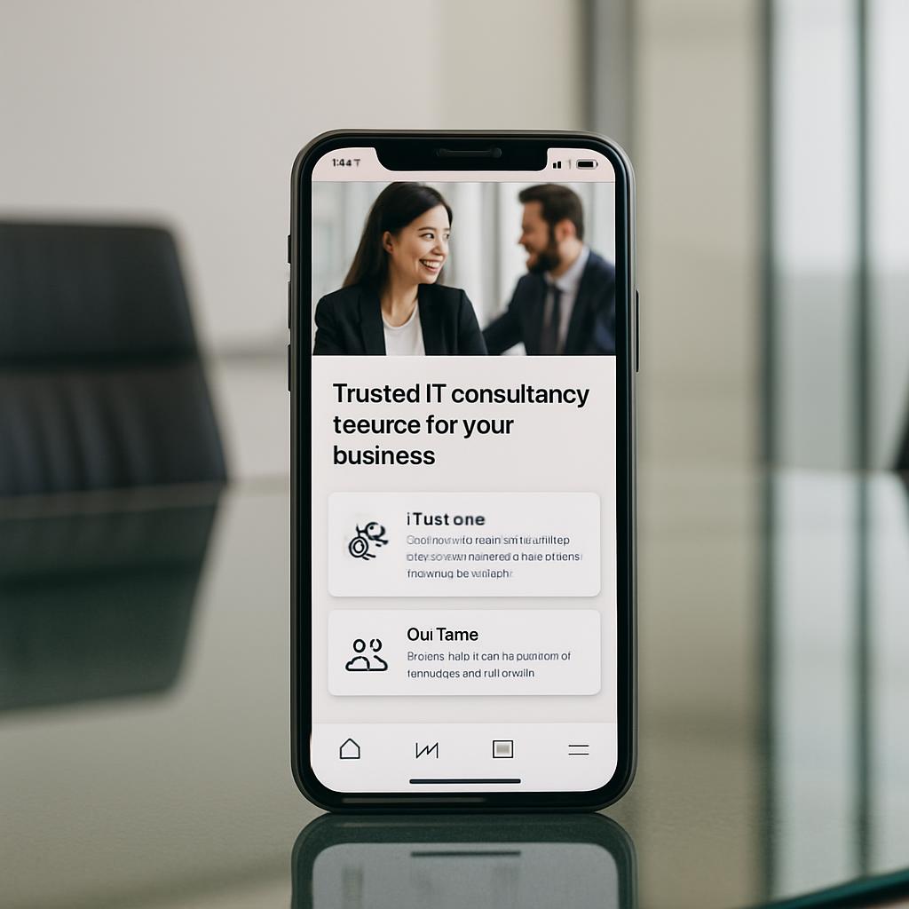 A phone screen displays the homepage for "Trust IT" – a company offering trusted IT consultancy services. The headline hig...