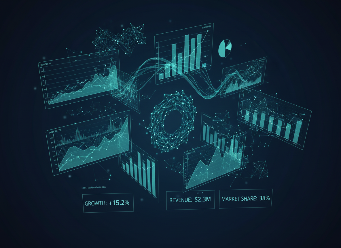 Business intelligence analytics dashboard with glowing charts and trend lines