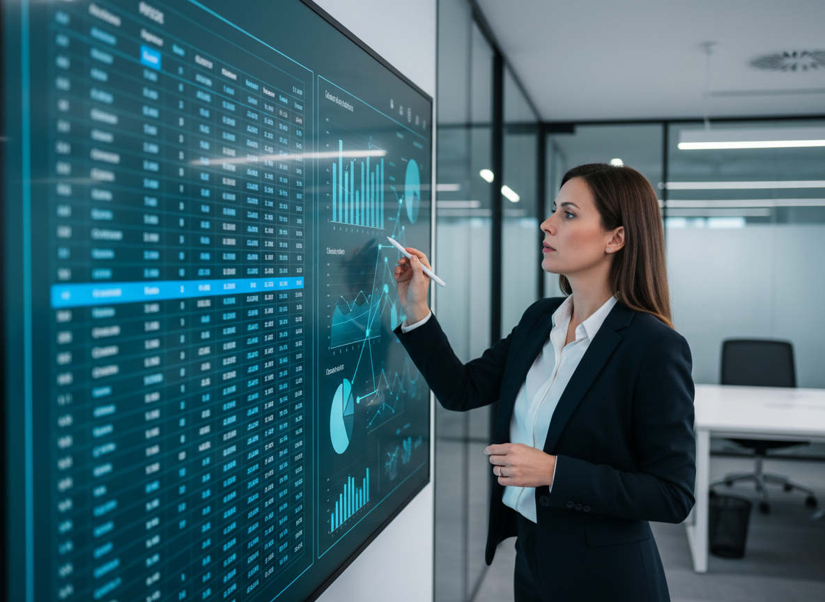 Analyst exploring detailed interactive business data on screen