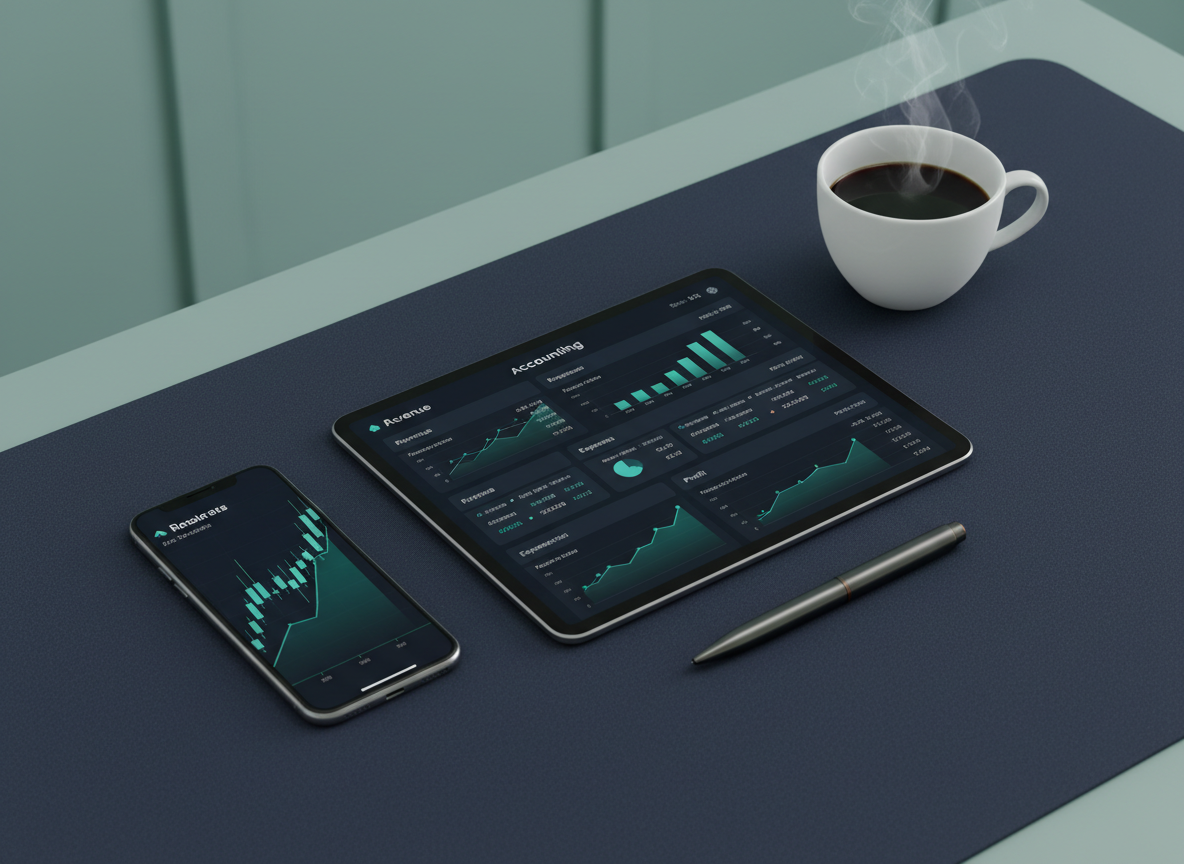 Financial data displayed across mobile and tablet devices on a modern desk