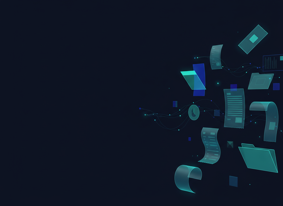 Abstract navy background with floating translucent documents and teal data connections