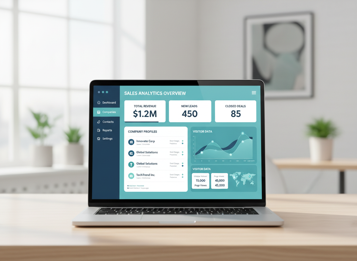Clean modern illustration of a sales analytics dashboard showing company profiles and visitor data