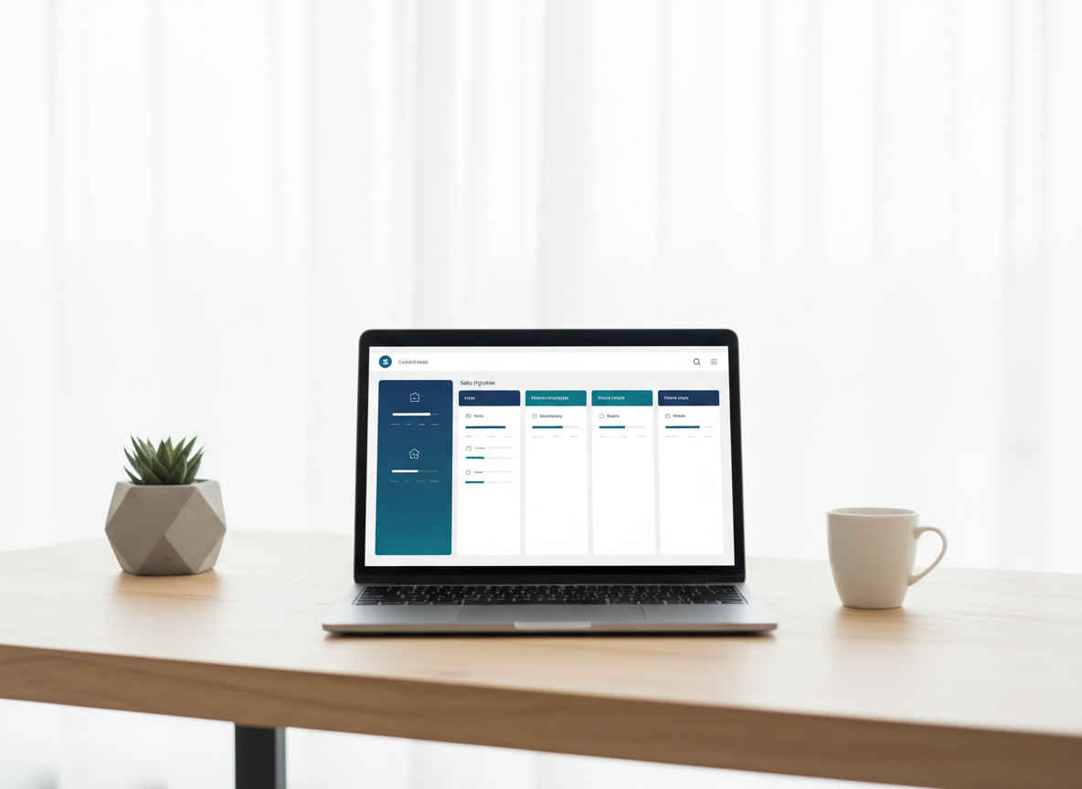 A clean, uncluttered CRM pipeline view on a laptop in a bright workspace