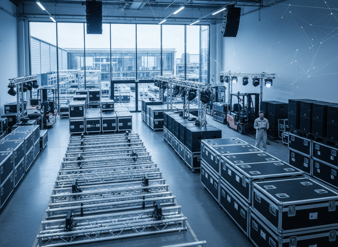 Professional hero image for a hire management software company. Show a modern warehouse or equipment yard with organised rows of professional equipment — lighting rigs, staging gear, or AV equipment. Clean, bright, and professional feel with a slight blue tone. Wide landscape format suitable for a website hero banner.