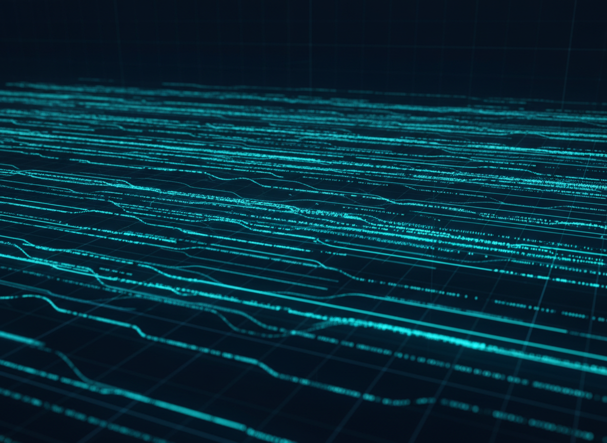 Abstract dark data visualization with glowing cyan and teal data streams representing millions of database records moving at high speed